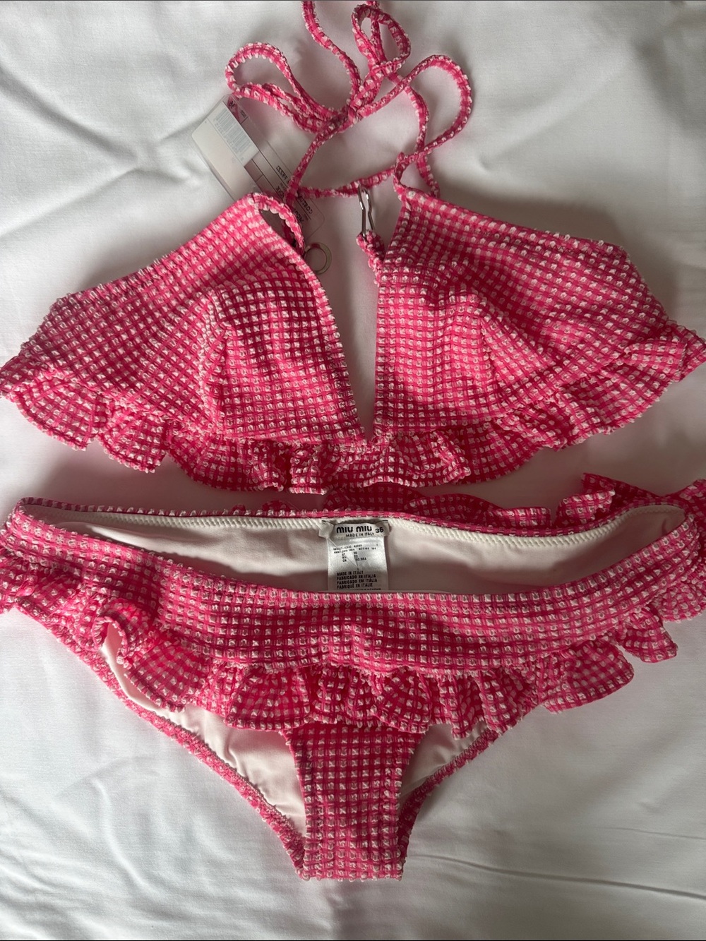 Miu Miu Pink Gingham Ruffle Two-Piece Swim Set